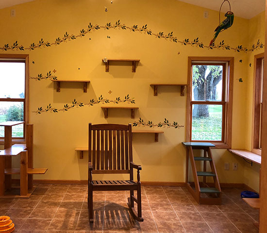 A room with shelves and a rocking chair in it